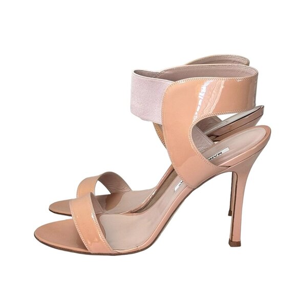 NWT Manolo Blahnik Sandals Sz 10 Nude Patent Leather Stiletto Heel Minimalist - Picture 1 of 14